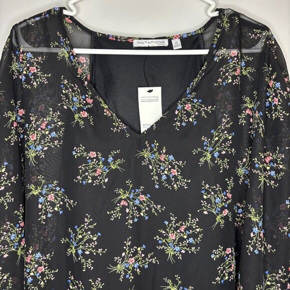NOTATIONS NEW V-Neck Blouse Womens 2X Sheer Lined Black Floral Stretch Poncho - Picture 5 of 8